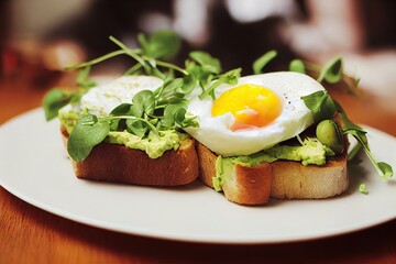 Wall Mural - Toast with avocado and boiled egg sprinkled with nutritious microgreens, created with generative ai