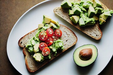 Wall Mural - Delicious toast with avocado with red cherry tomatoes and greens, created with generative ai