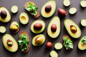 Poster - Breakfast with toast with avocado and fresh herbs and healthy vegetables, created with generative ai