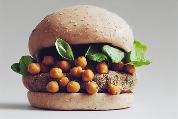 Canvas Print - Burger with chickpeas, cutlet and fresh green salad leaves, created with generative ai