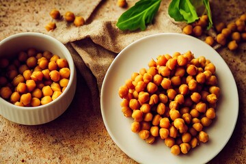 Canvas Print - Vegetarian healthy food in form of cooked chickpeas with greens, created with generative ai