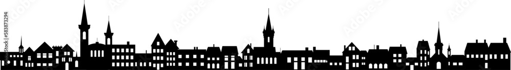 Town skyline silhouette. Small city houses, factory buildings, old ...