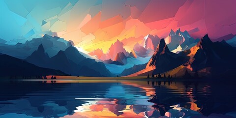 Wall Mural - Majestic Sunrise Over the Mountain Lake, Generative AI