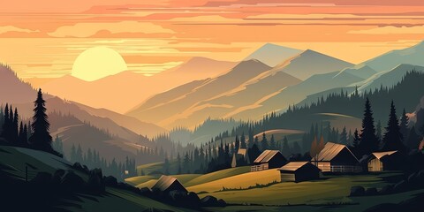 Wall Mural - The sunrise over the beautiful landscape of Bucovina, Romania illuminates the village, meadows, hills, and mountains, Generative AI