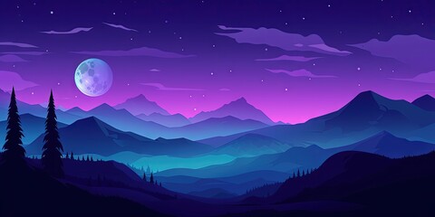 Wall Mural - Vector illustration of mountains, hills, forest, stars in blue and purple landscape with silhouettes, Generative AI