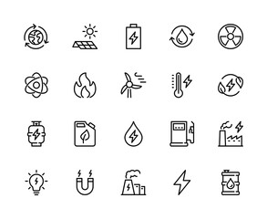 Types of energy vector line icons. Isolated icon collection on white background. Energy symbol vector set.