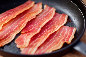 Sticker - Light red strips of fried bacon cooked in cast iron skillet, created with generative ai