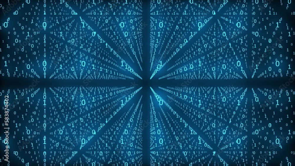 Computer graphics infinite number of zeros and ones moving on a black ...