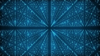Computer graphics infinite number of zeros and ones moving on a black background. Digitalization of human life. The arrangement of figures is a kaleidoscope