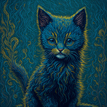 Cute Cat Portrait Painting In The Style Of Vincent Van Gogh, Vintage Cat Painting. Generative AI