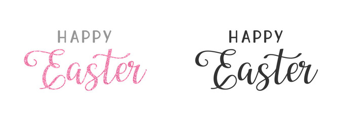hand lettering phrase happy easter. cute black inscription and pink inscription with glitter texture