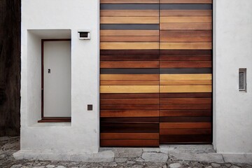 Sticker - Modern entrance door of house with wooden elements and black trim, created with generative ai