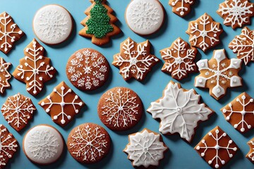 Poster - Christmas gingerbread cookies with decoration in form of Christmas trees and snowflakes, created with generative ai