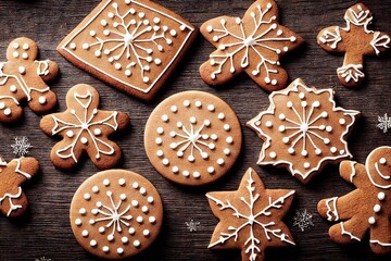 Poster - Gingerbread cookies in form of stars covered with white sugar glaze, created with generative ai