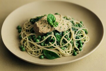 Wall Mural - Homemade green pasta with basil peas and chicken on plate Italian diet, created with generative ai