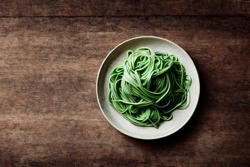 Wall Mural - Green pasta spaghetti in white plate on wooden table Italian cuisine, created with generative ai