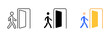 A vector illustration of a person walking towards an exit sign. Vector set of icons in line, black and colorful styles isolated.