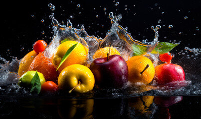  Yummy fresh fruit in the splashes of clean water. Bright healthy products concept. Black backdrop. Close up. Generative AI.