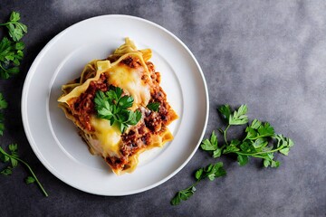 Wall Mural - Vegetable lasagna with tomatoes in plate on gray background, created with generative ai