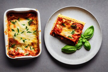 Wall Mural - Dinner of Italian cuisine homemade lasagna with mozzarella tomatoes and basil, created with generative ai