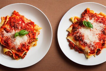 Canvas Print - Dinner of Italian cuisine homemade lasagna with mozzarella tomatoes and basil, created with generative ai