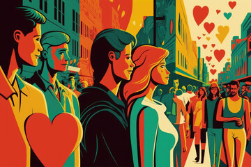 Wall Mural - Flat retro design: Romantic love between people. Lowers in rich colors | Generative AI Production