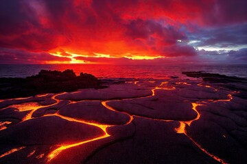 Poster - Light from fire rising from lava texture burning volcano, created with generative ai