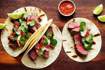 Wall Mural - Round tacos mexican with hot sauce and lime on wooden table, created with generative ai