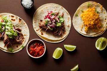 Wall Mural - Round tacos mexican with hot sauce and lime on wooden table, created with generative ai