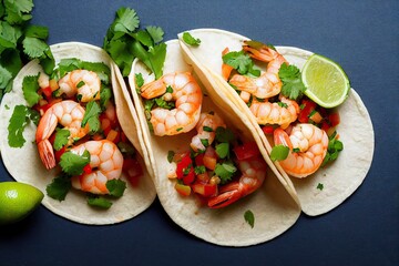 Wall Mural - Tacos mexican with soft pink shrimp, lime and chopped greens, created with generative ai