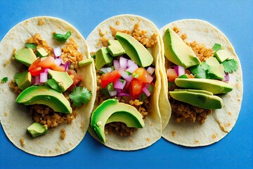 Wall Mural - Spicy tacos mexican with juicy meat and avocado pieces, created with generative ai