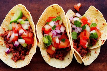 Wall Mural - Lots of bright fresh vegetables and greens in tortilla to make tacos mexican, created with generative ai