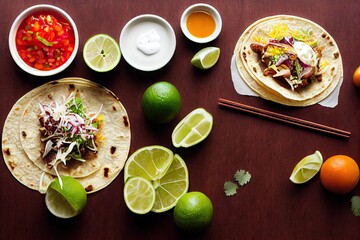 Wall Mural - Tortilla, lime, meat and spices for making delicious tacos mexican, created with generative ai