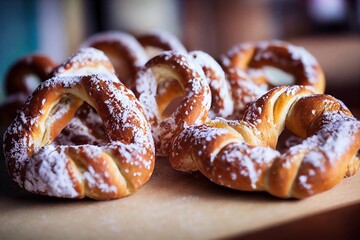 Sticker - Lush yellow brezel with thick sprinkling in form of powdered sugar, created with generative ai