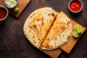 Wall Mural - Quesadillas with vegetables and cheese on wooden table, created with generative ai