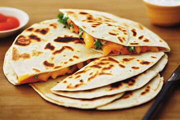 Wall Mural - Cheese tortilla quesadillas with greens, tomatoes, peppers and corn, created with generative ai