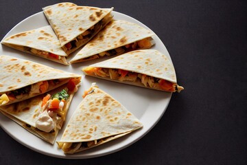 Wall Mural - Crispy snack Quesadillas with cheese tomatoes and herbs traditional Mexican food, created with generative ai