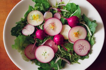 Wall Mural - Green healthy radish salad in white plate on table, created with generative ai