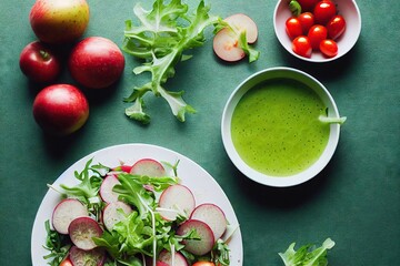 Poster - Italian diet fresh radish salad with arugula tomatoes and pesto sauce, created with generative ai