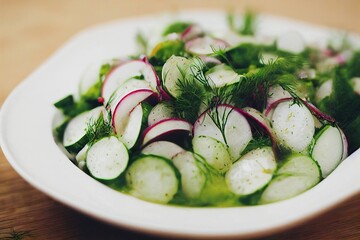 Wall Mural - Sliced radishes and cucumbers with herbs for radish salad on plate, created with generative ai