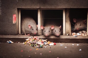 Canvas Print - Large gray rats sit in cage and dig into rat garbage, created with generative ai