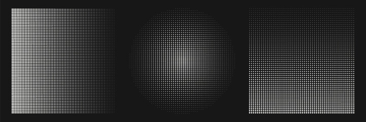 Abstract geometric halftone shapes. White dotted circle and square gradient. 