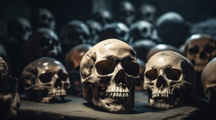 Wall Mural - Many human skulls. Halloween concept. Generative Ai