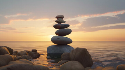 Stack of stones on the beach at sunset. Stack of zen stones. Generative Ai