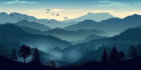 Wall Mural - A scenic landscape with blue mountain silhouettes in the foreground, Generative AI