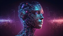 Neural Network Of Big Data And Artificial Intelligence Circuit Board In The Head And Face Of A Blue Human Outlining Concepts Of A Digital Brain, Computer Generative AI Stock Illustration Image