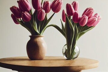 Wall Mural - Small pink tulips bouquet stands in vase on table, created with generative ai