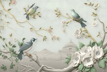 3d Marble Mural Background Light Simple Green Wallpaper. Birds In Branches Flowers Floral Background With Flowers And Herbs, Generative AI