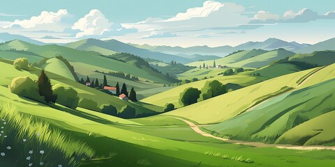 Wall Mural - Beautiful Romanian countryside panorama, sunny afternoon, springtime mountains, grassy fields, rolling hills, rural scenery, Generative AI