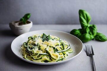 Wall Mural - Delicate creamy zucchini pasta with basil leaves sprinkled with cheese, created with generative ai